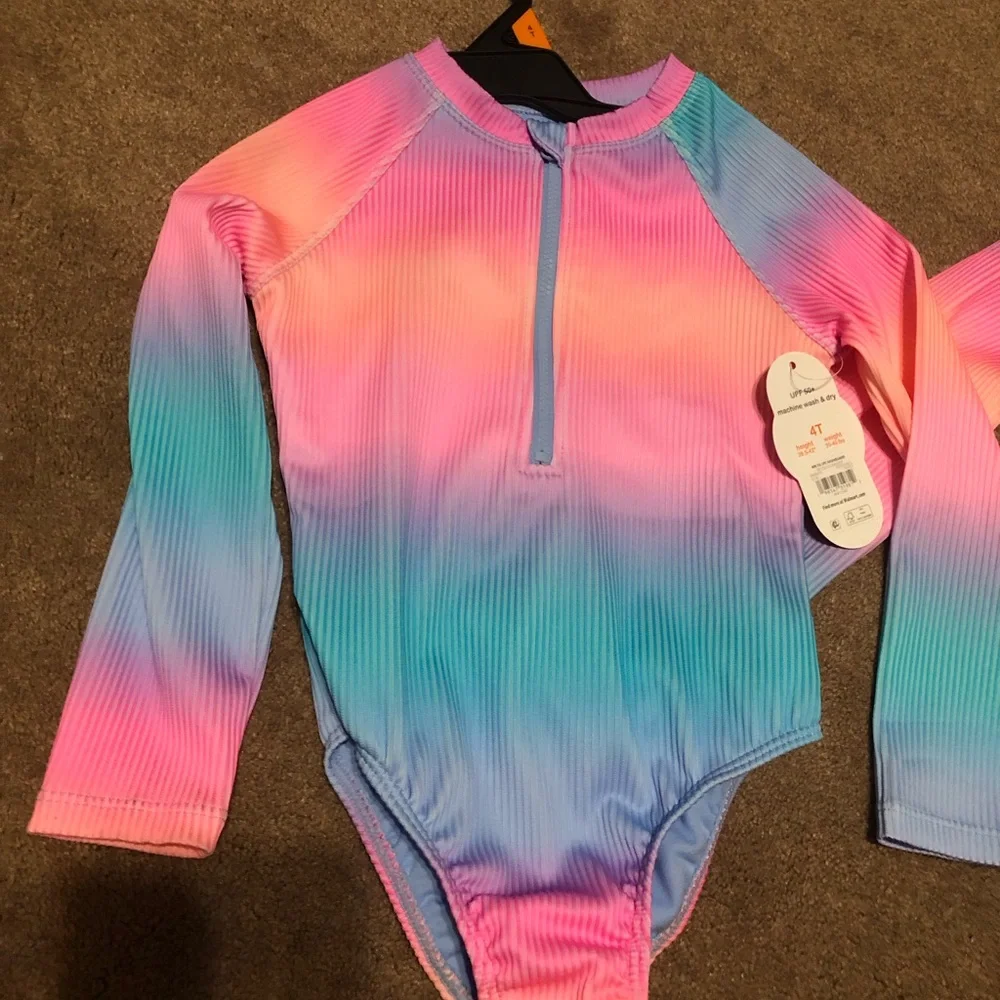 wonder nation Kids Long-Sleeve One-Piece Swimsuit Pink Blue Purple Ombre 4t 5T